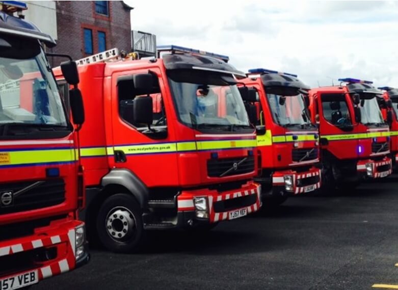 Fire engines lined up in a row